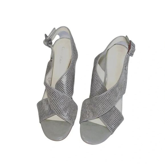 Calvin Klein Shoes - Calvin Klein Jill Silver Metallic Snakeskin Slingback Block Heels 6 Women’s